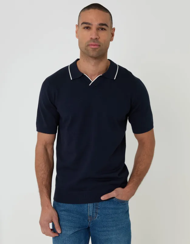 Knitted Contrast Tipping Trophy Neck Polo in Navy made by Threadbare