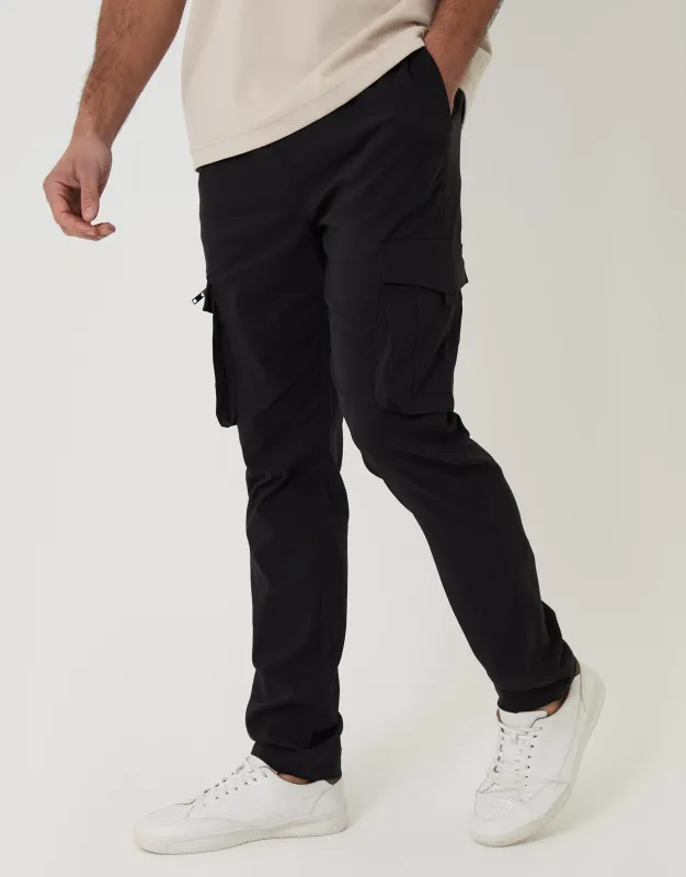 Slim Fit Stretch Cargo Trousers in Black made by Threadbare
