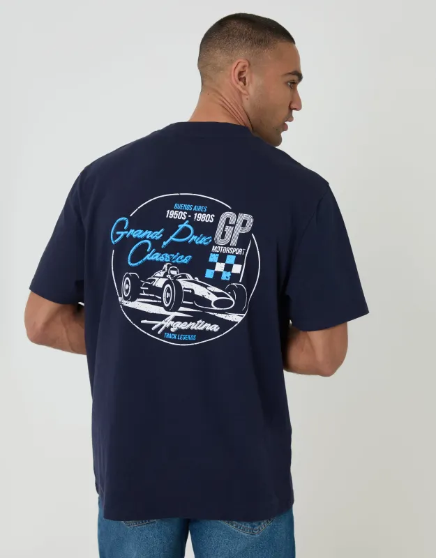 Navy Relaxed Fit Motorsport Cotton T-Shirt made by Threadbare
