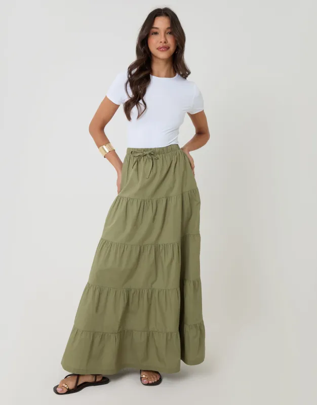 Olive Green Cotton Tiered Maxi Skirt made by Threadbare