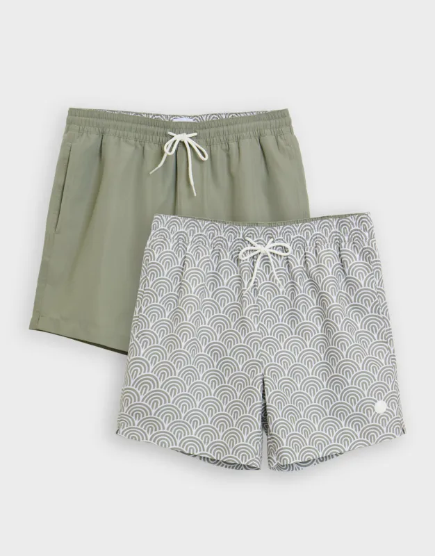 2 Pack Sage Green Geo Arch Print Quick Dry Swim Shorts made by Threadbare