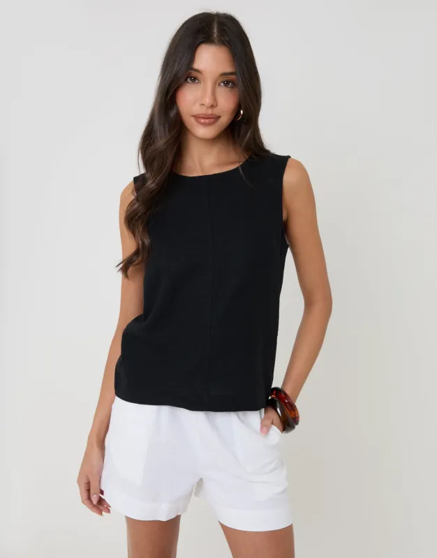 Black Linen Blend Tie-Back Shell Top made by Threadbare