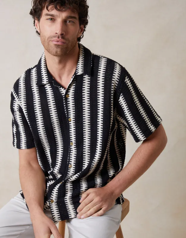 Relaxed Fit Crochet Short Sleeve Shirt in Black & Ecru Stripe made by Threadbare