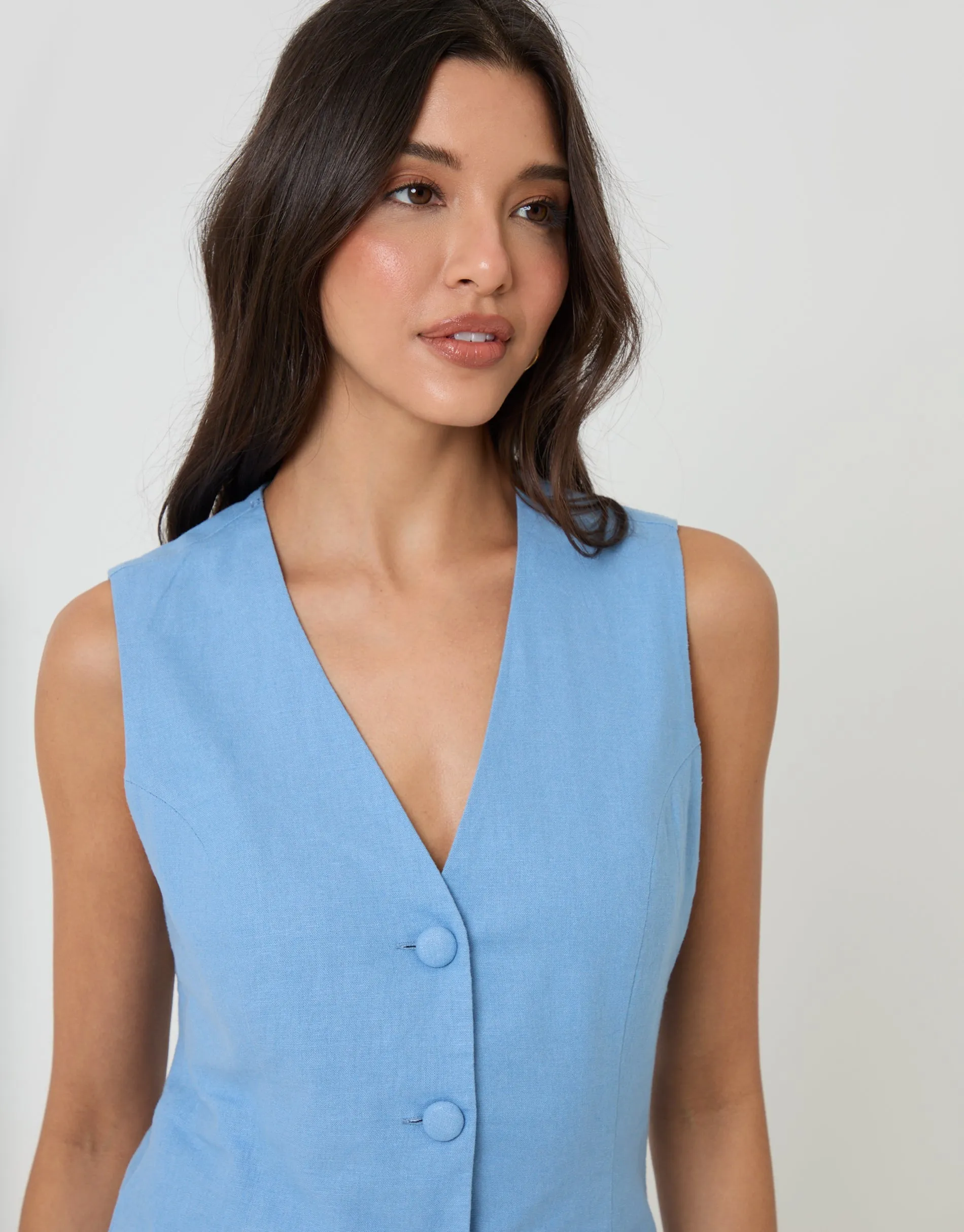 Blue Linen Blend V-Neck Waistcoat sold by Threadbare product image thumbnail 4