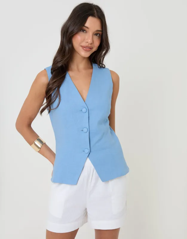 Blue Linen Blend V-Neck Waistcoat made by Threadbare