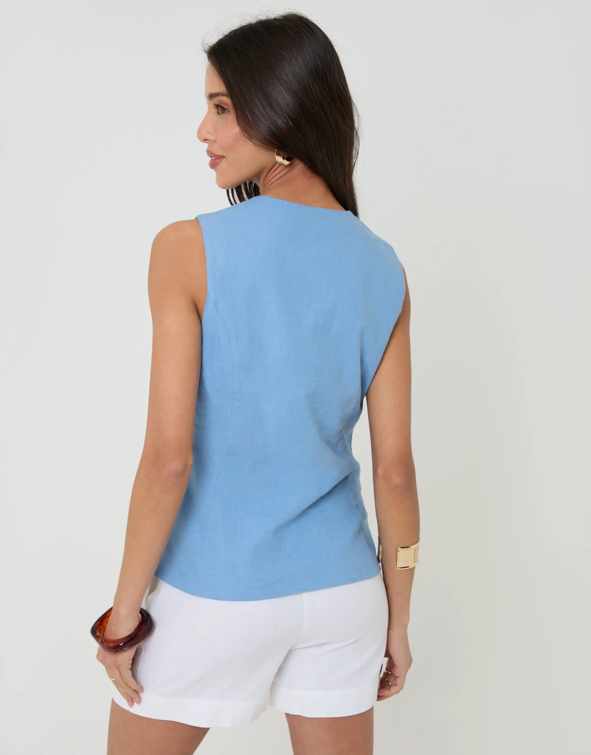 Blue Linen Blend V-Neck Waistcoat sold by Threadbare product image thumbnail 2