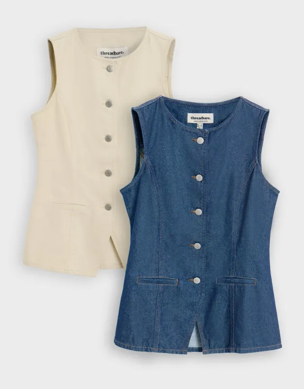 2 Pack Denim Tie Back Waistcoats in Ecru & Mid Wash made by Threadbare