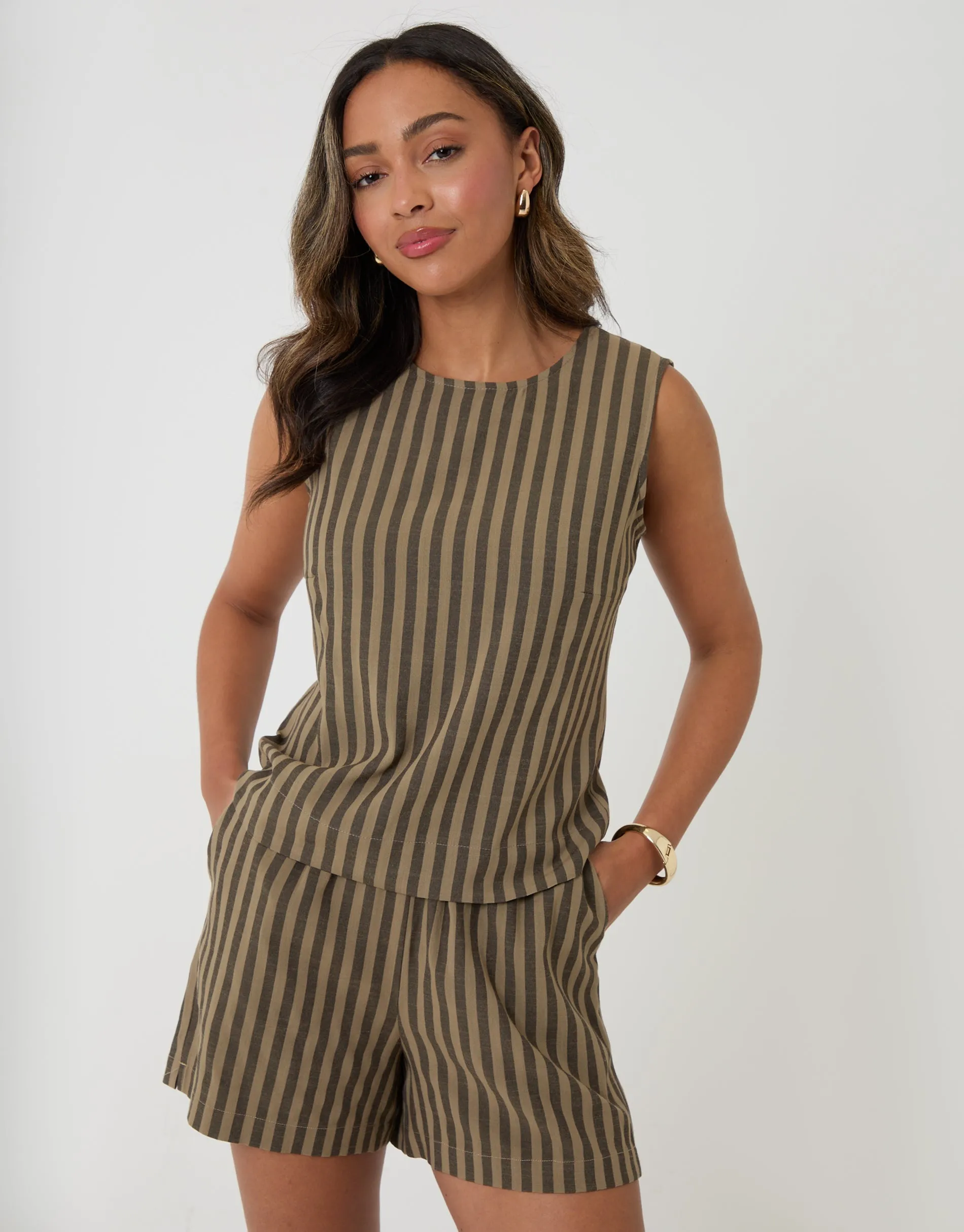Shell Top in Chocolate Brown Stripe sold by Threadbare