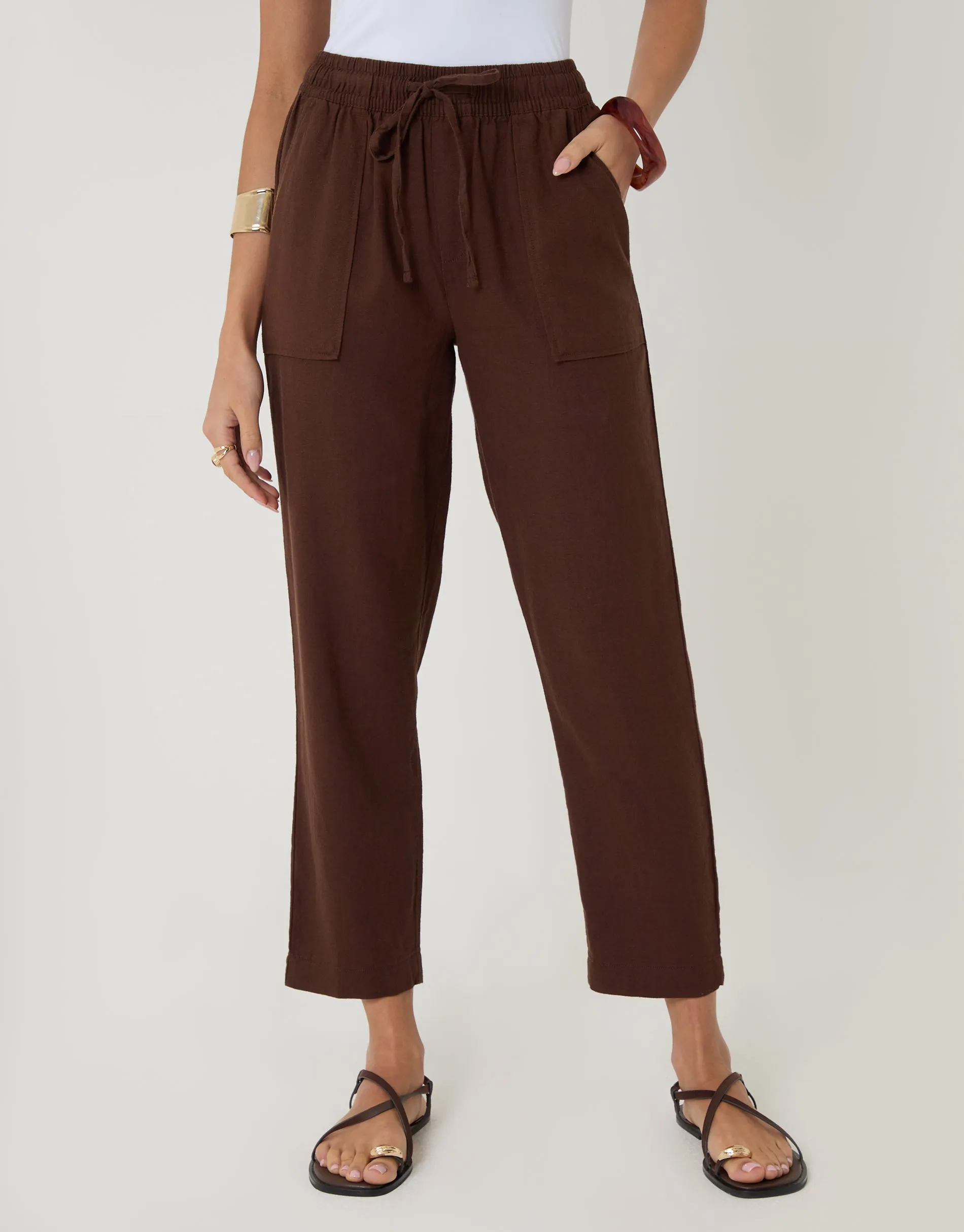 Chocolate Brown Linen Blend Drawstring Trousers sold by Threadbare product image thumbnail 2