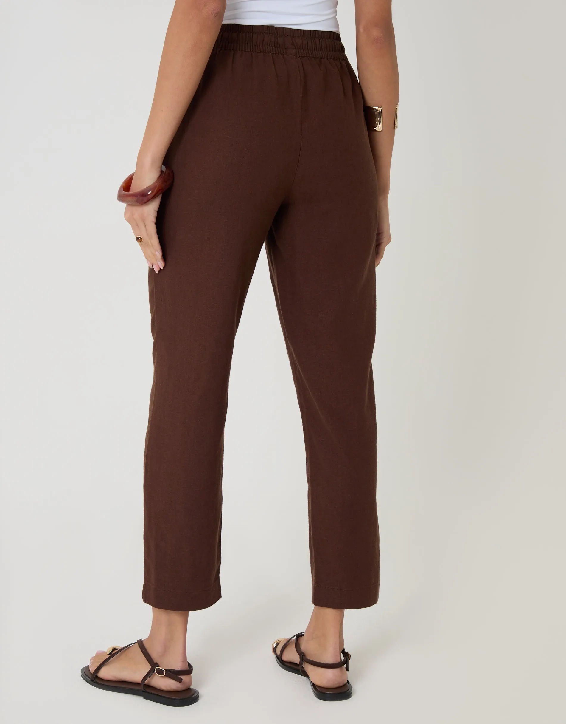 Chocolate Brown Linen Blend Drawstring Trousers sold by Threadbare product image thumbnail 3