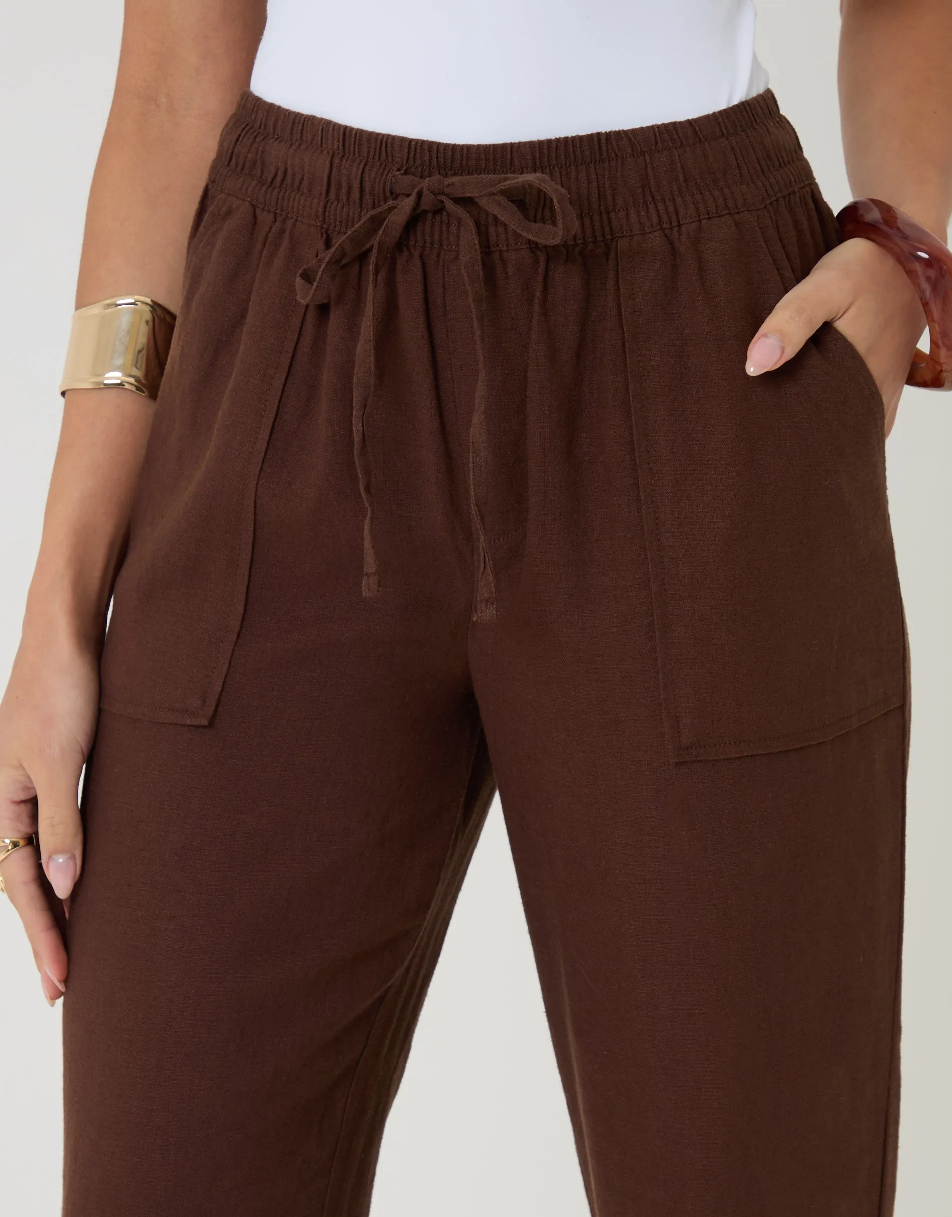 Chocolate Brown Linen Blend Drawstring Trousers sold by Threadbare product image thumbnail 4