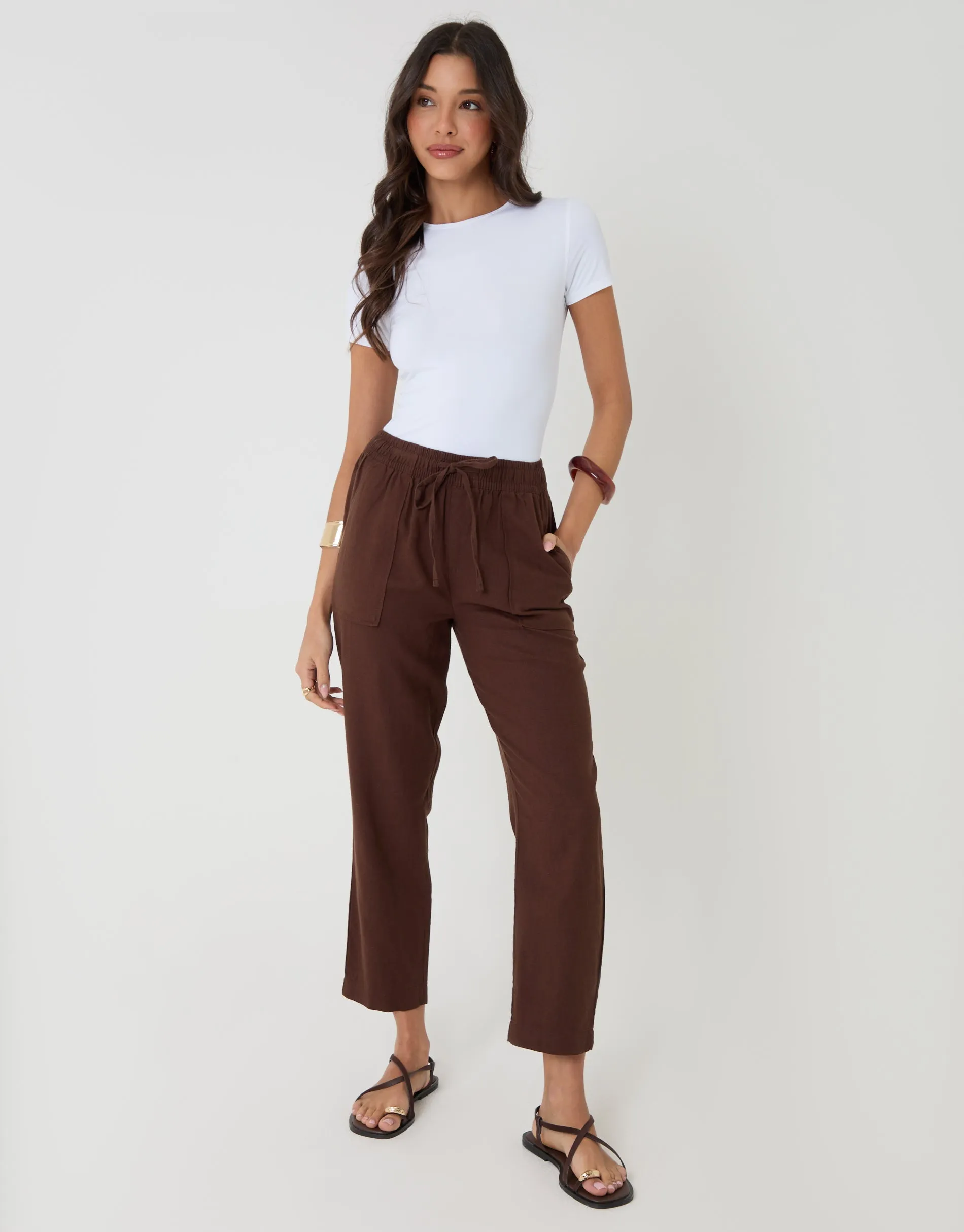 Chocolate Brown Linen Blend Drawstring Trousers sold by Threadbare