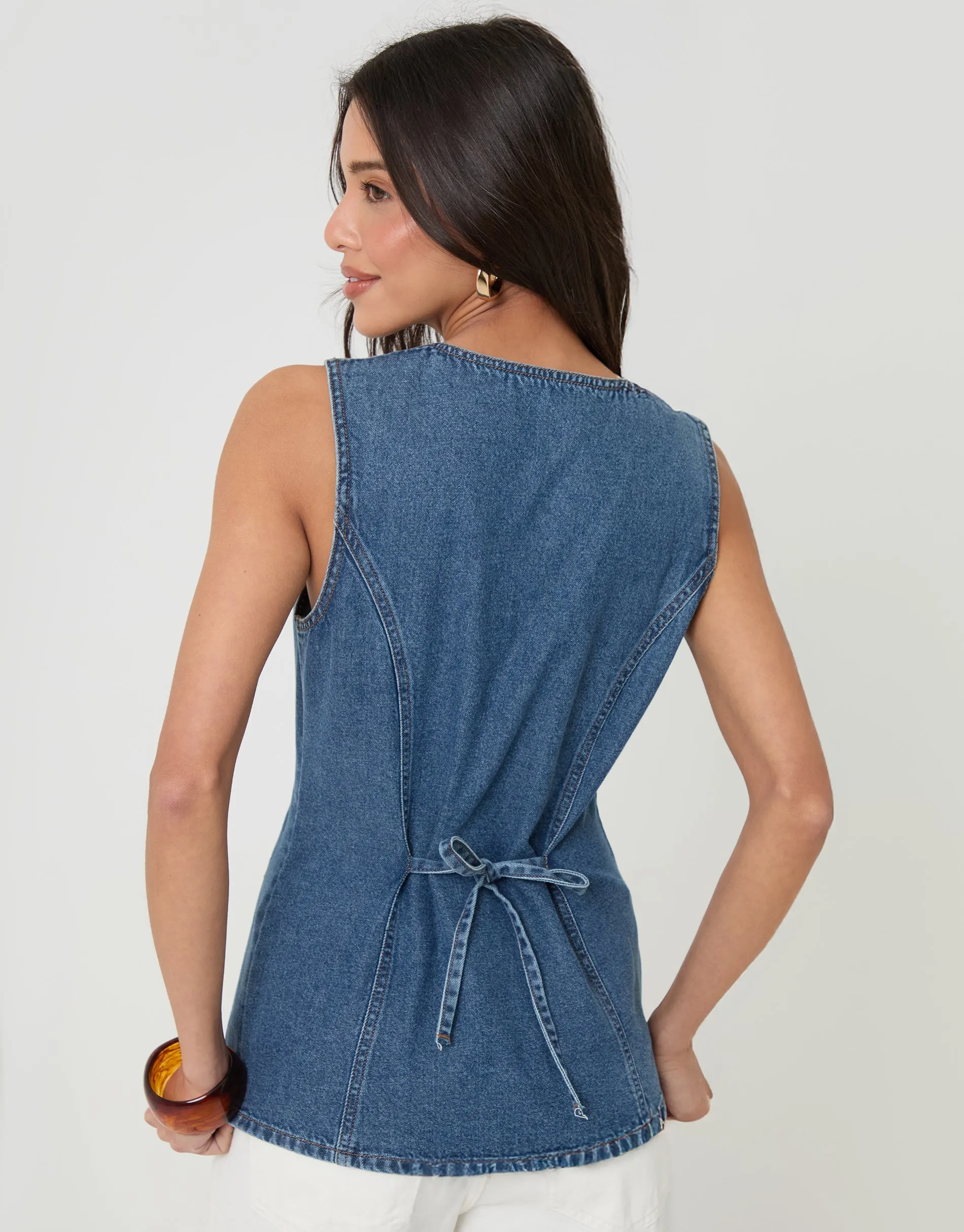 Denim Longline V-Neck Waistcoat in Mid Wash sold by Threadbare product image thumbnail 2