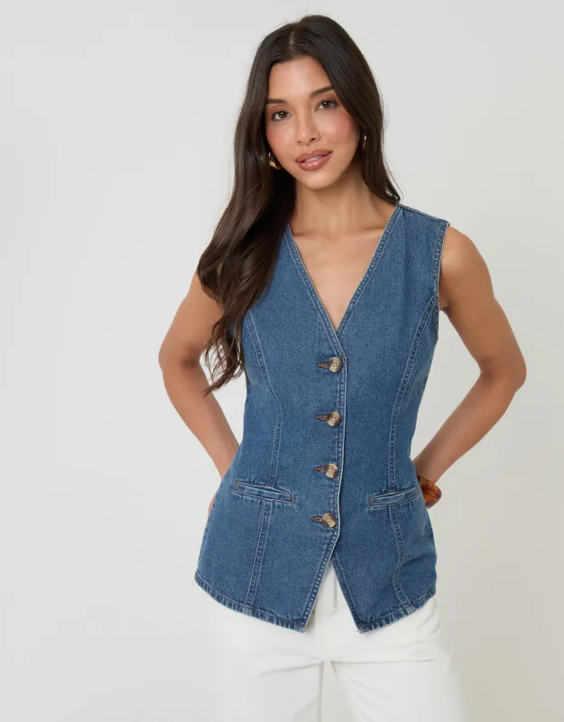 Mid Wash Denim Longline V-Neck Waistcoat made by Threadbare