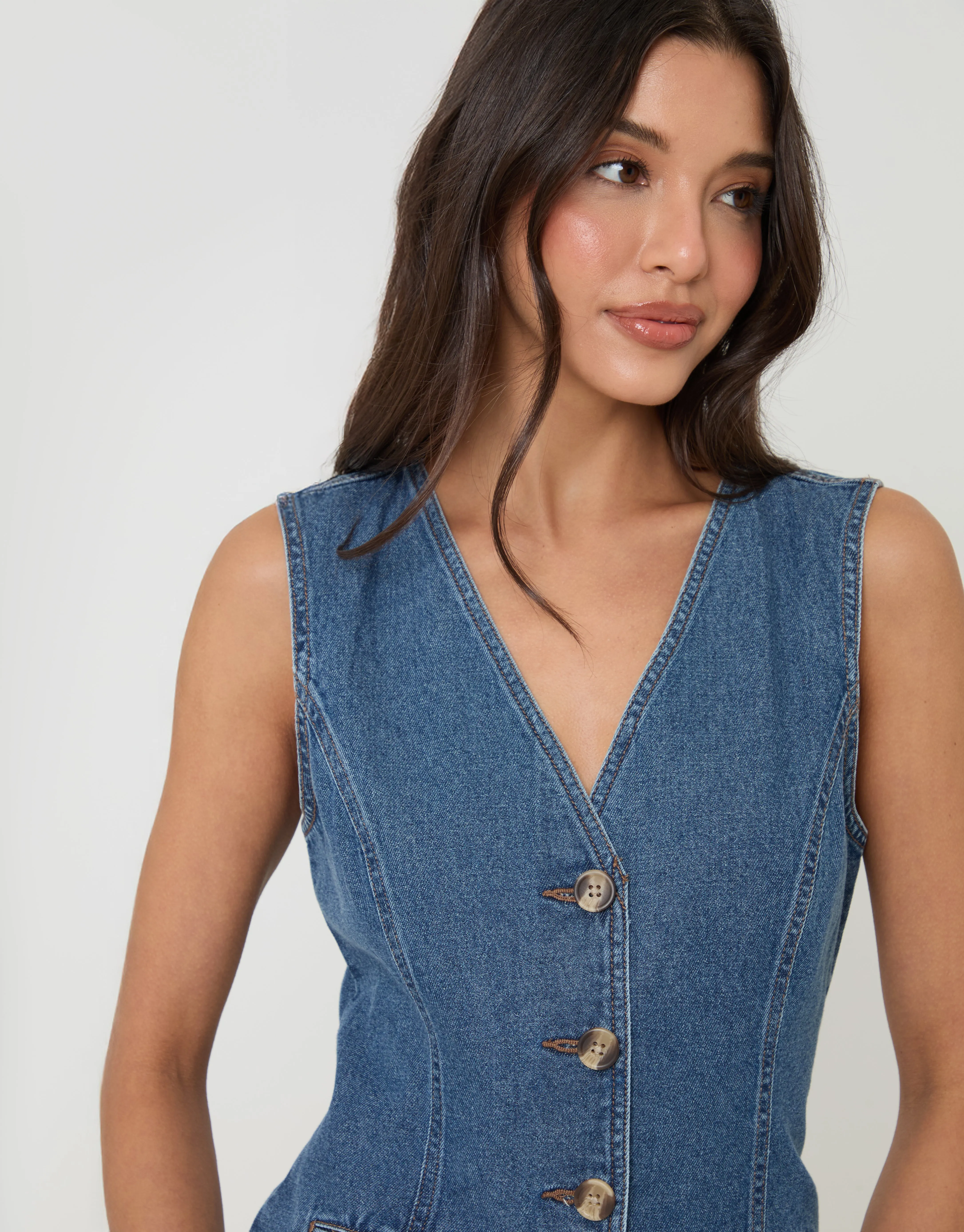 Denim Longline V-Neck Waistcoat in Mid Wash sold by Threadbare product image thumbnail 4