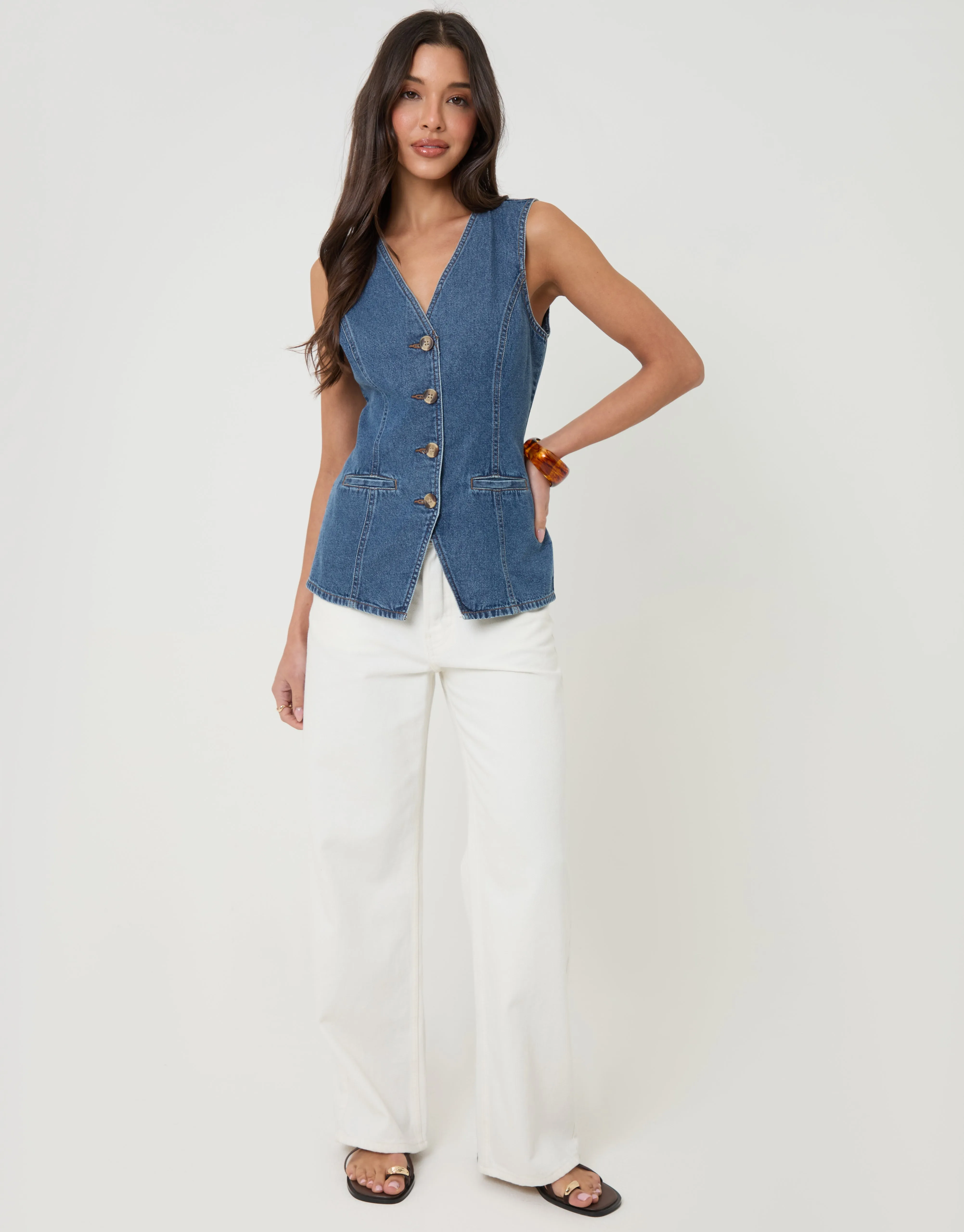 Denim Longline V-Neck Waistcoat in Mid Wash sold by Threadbare product image thumbnail 3
