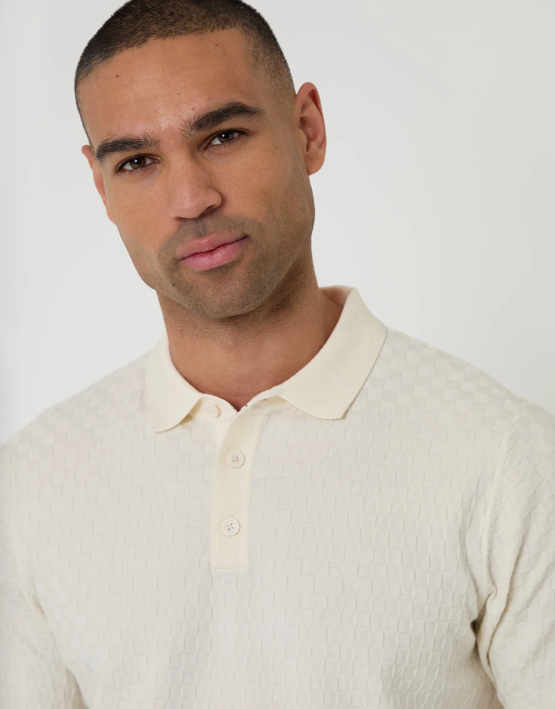 Ecru Basket Stitch Knitted Polo sold by Threadbare product image thumbnail 4