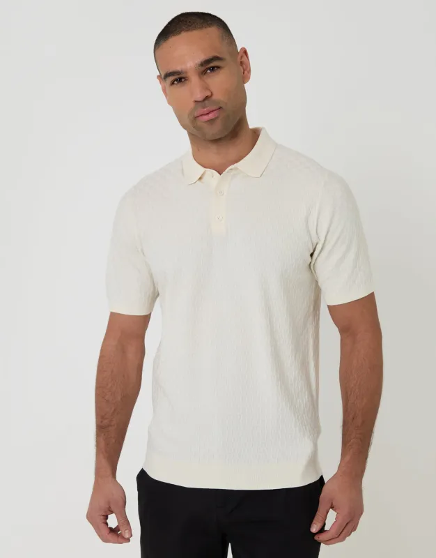 Ecru Basket Stitch Knitted Polo made by Threadbare