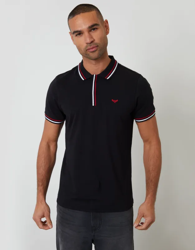 Black Contrast Tipping Hidden Placket Polo Shirt made by Threadbare