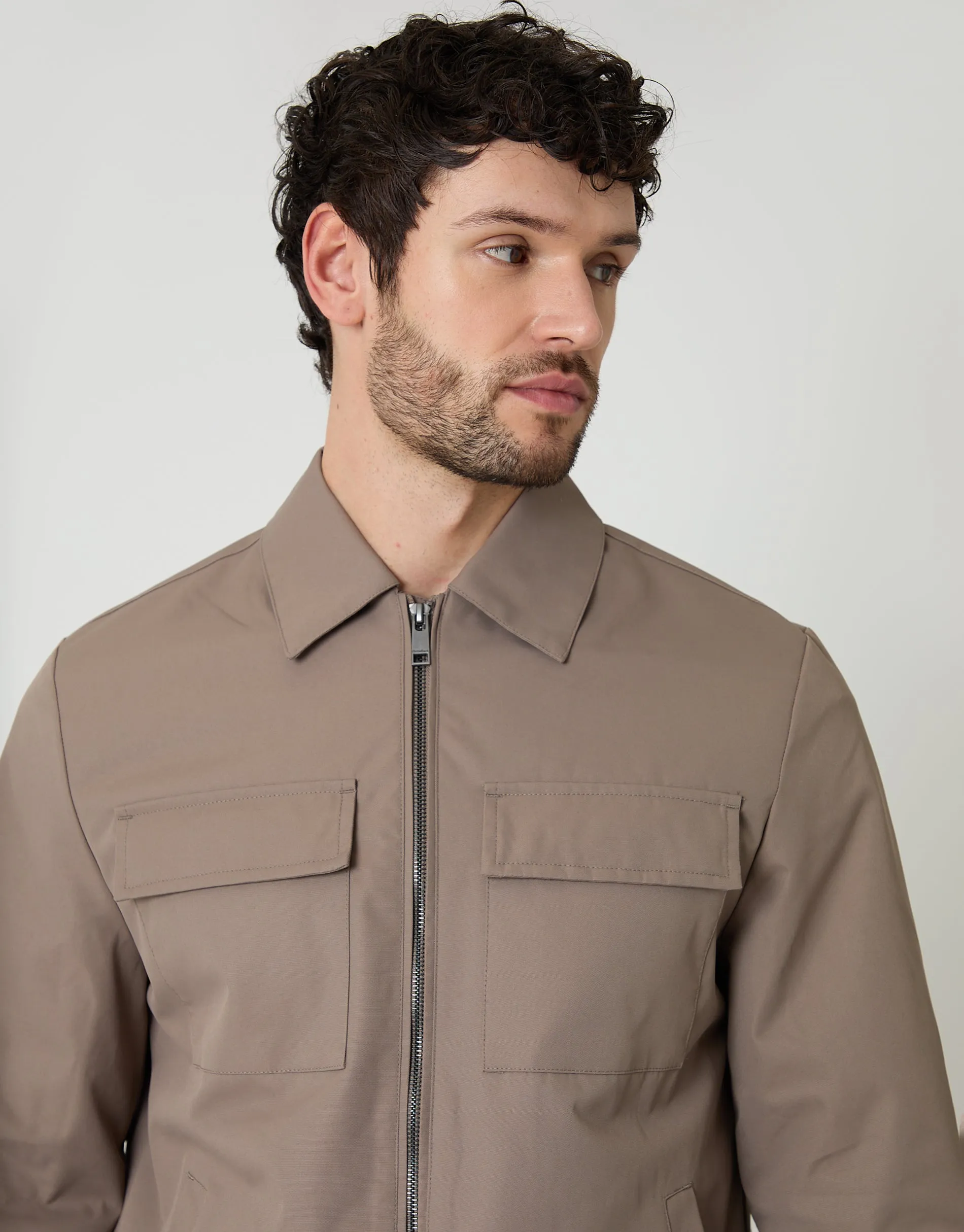 Taupe Showerproof Lightweight Zip Up Jacket With Collar sold by Threadbare product image thumbnail 3