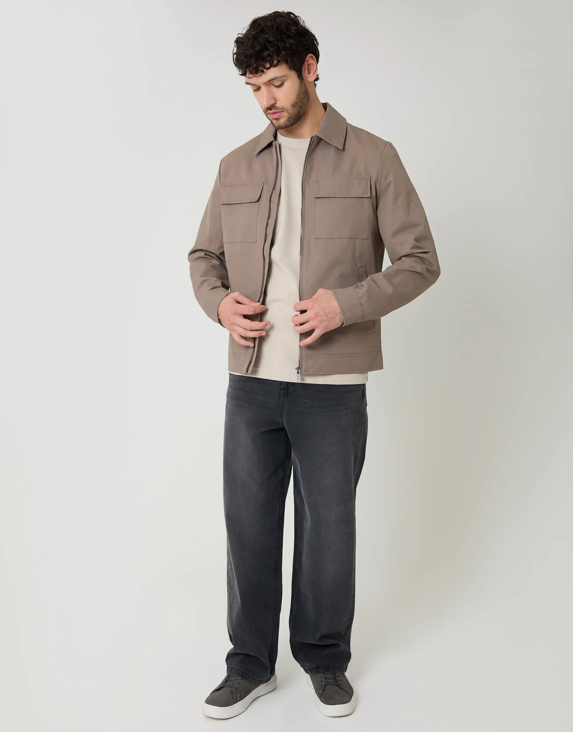 Taupe Showerproof Lightweight Zip Up Jacket With Collar sold by Threadbare product image thumbnail 5