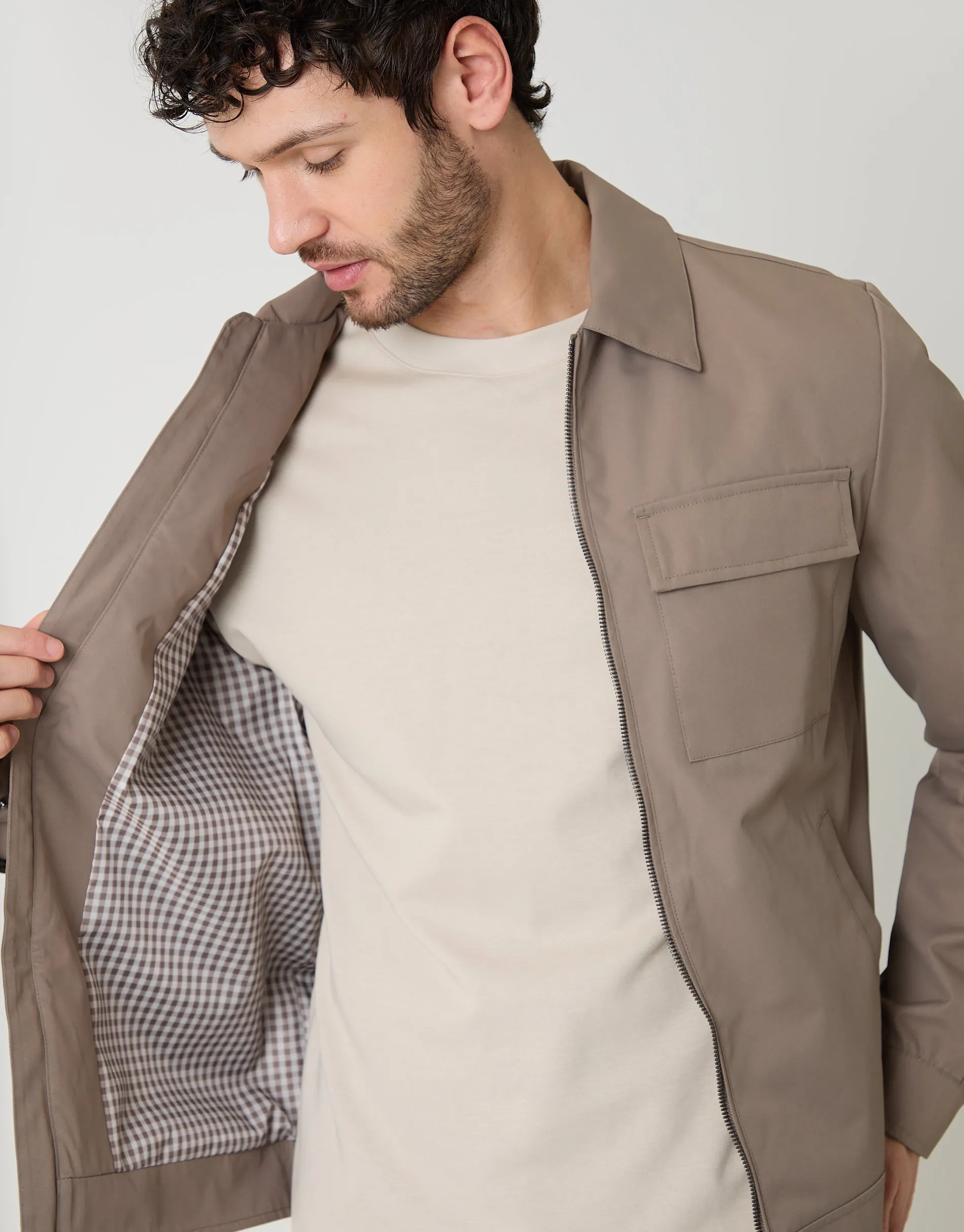 Taupe Showerproof Lightweight Zip Up Jacket With Collar sold by Threadbare product image thumbnail 4