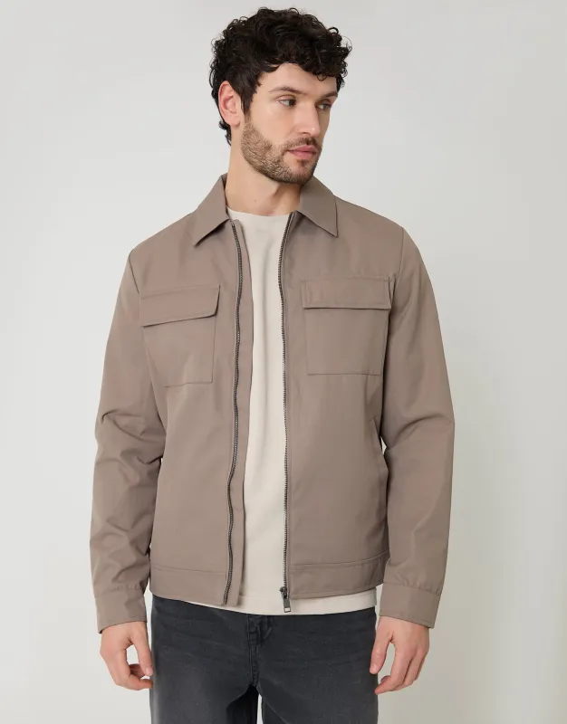 Taupe Showerproof Lightweight Zip Up Jacket With Collar made by Threadbare