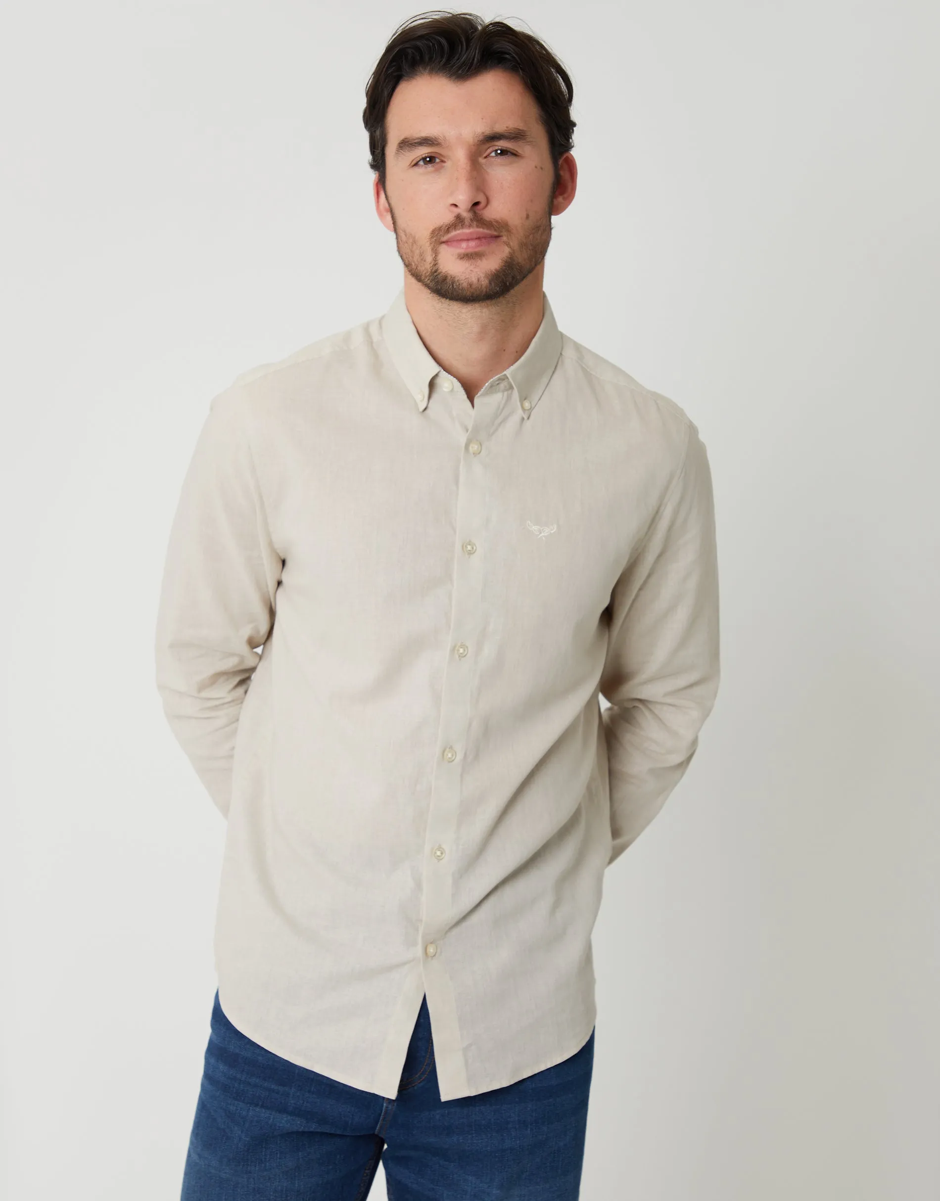 Light Stone Long Sleeve Linen Blend Shirt sold by Threadbare