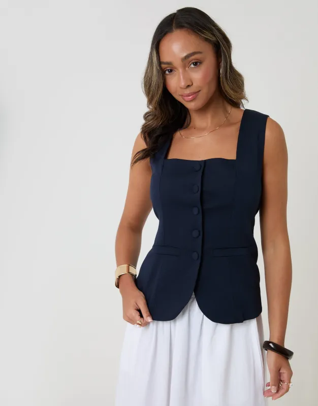 Navy Square Neck Tailored Waistcoat made by Threadbare