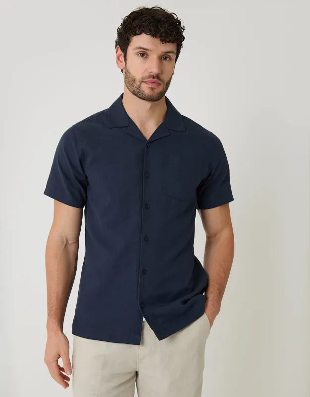 Linen Cotton Blend Short Sleeve Shirt in Navy made by Threadbare