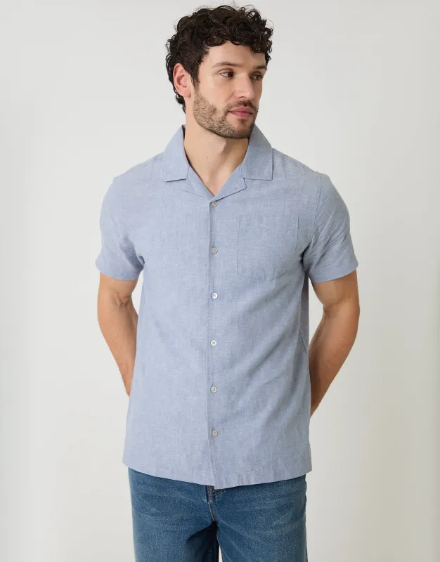 Linen Cotton Blend Short Sleeve Shirt in Denim Blue made by Threadbare