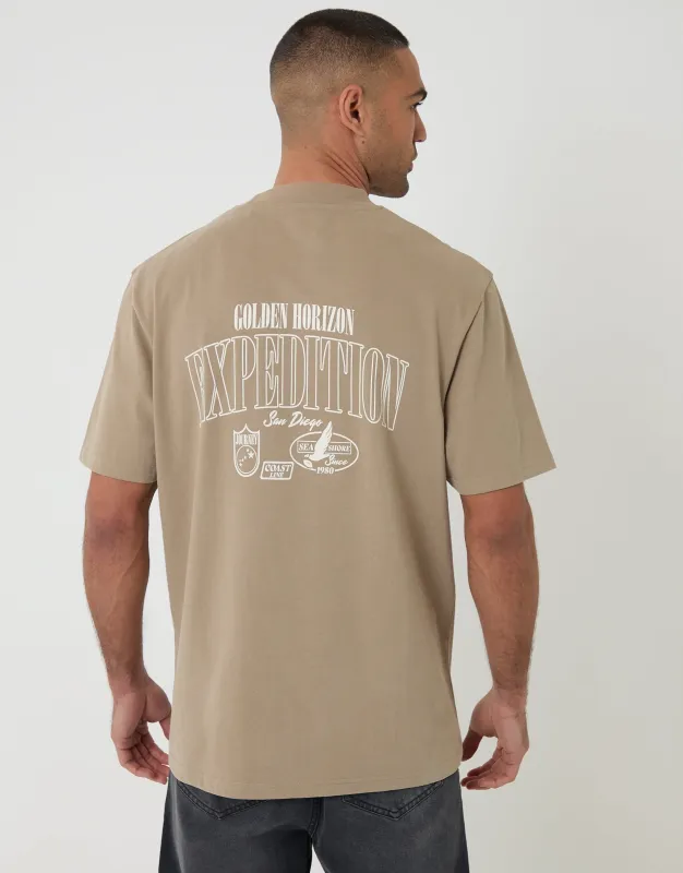 Brown Relaxed Fit Expedition Peached Cotton T-Shirt made by Threadbare
