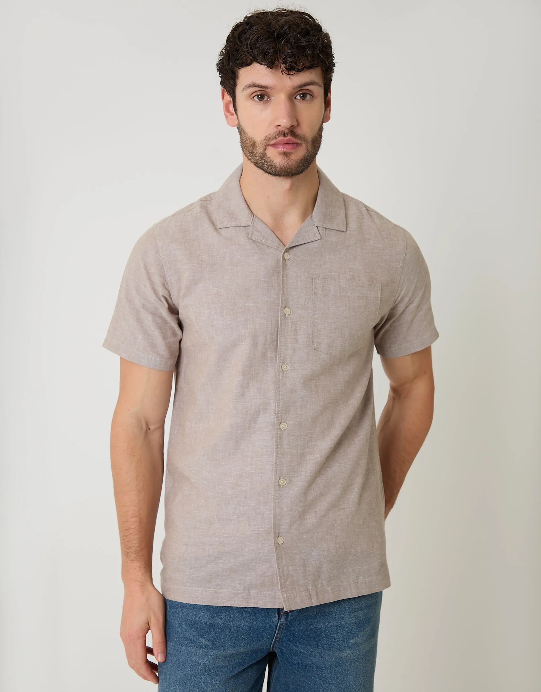 Taupe Linen Cotton Blend Short Sleeve Shirt sold by Threadbare