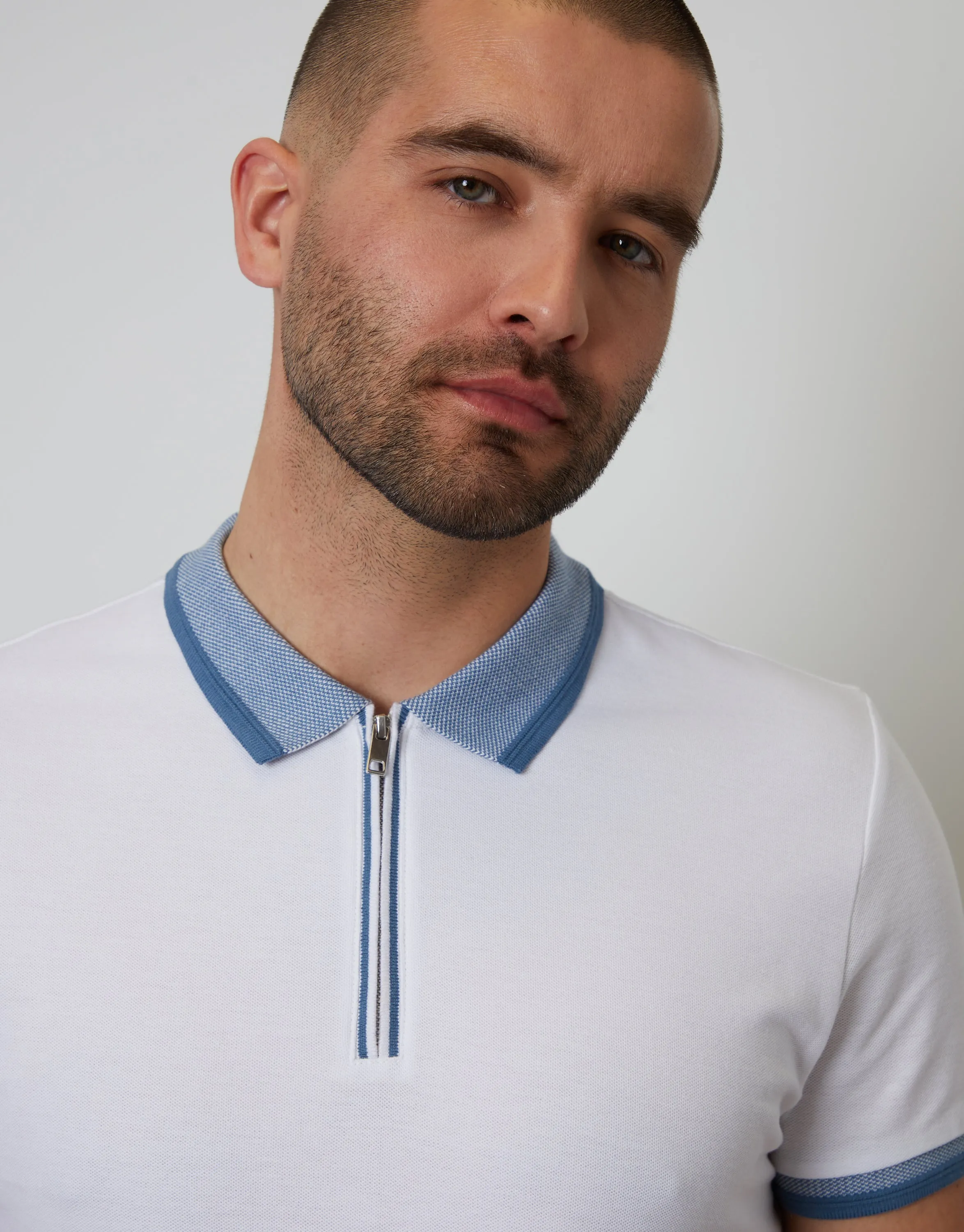White Pique Tipping Collar Quarter Zip Polo Shirt sold by Threadbare product image thumbnail 4