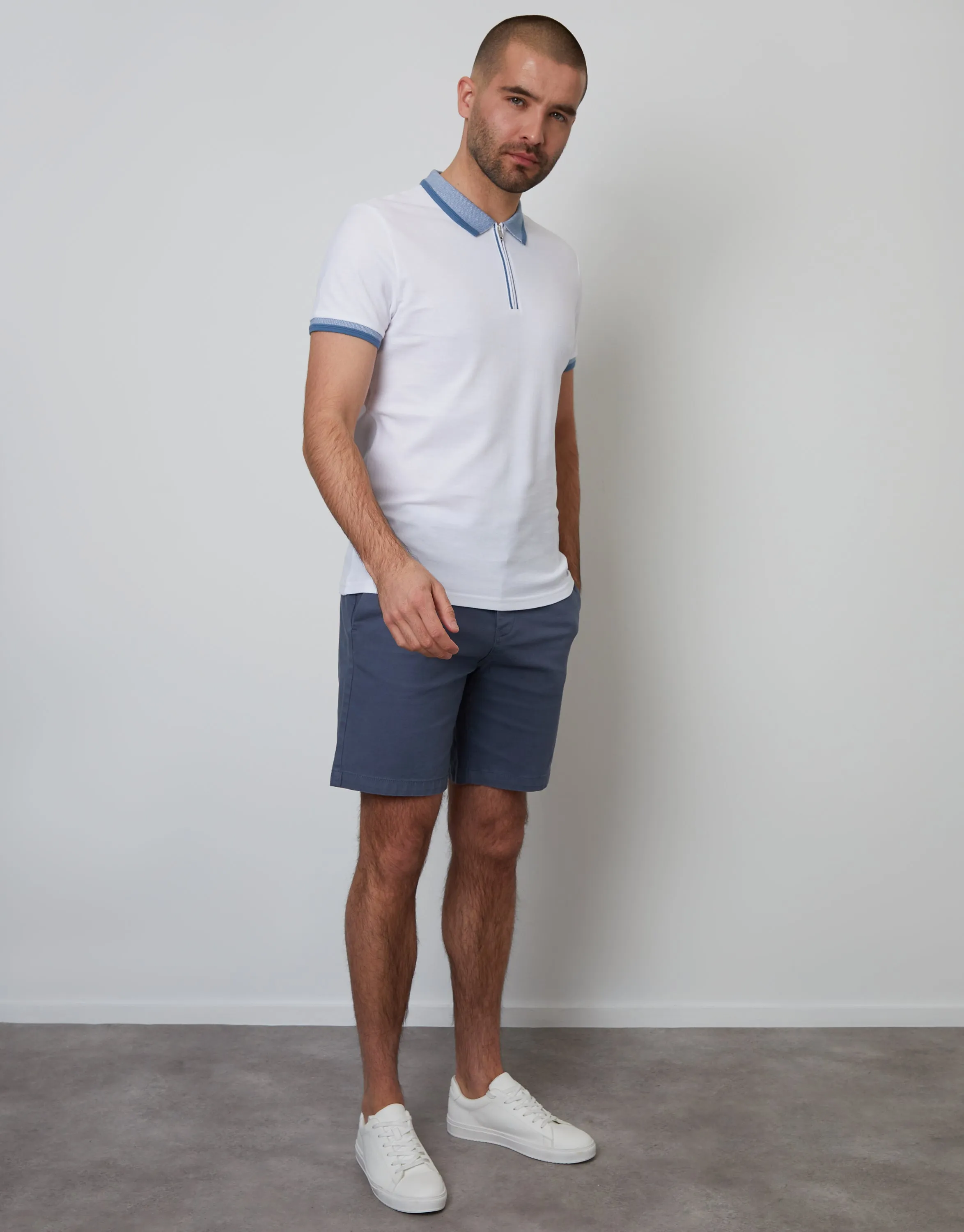 White Pique Tipping Collar Quarter Zip Polo Shirt sold by Threadbare product image thumbnail 3