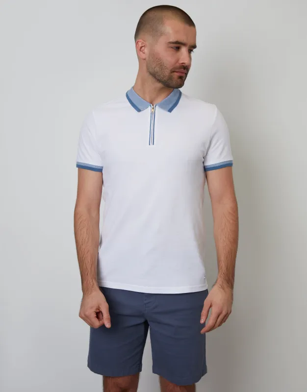 White Pique Tipping Collar Quarter Zip Polo Shirt made by Threadbare