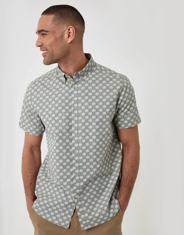 Palm Tree Print Cotton Poplin Short Sleeve Shirt in Sage Green made by Threadbare