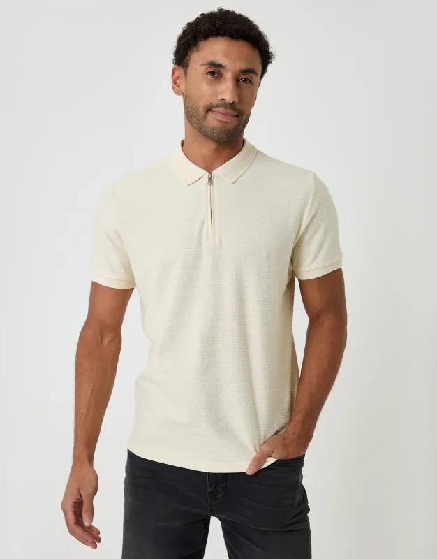 Ecru Textured Quarter Zip Polo Shirt made by Threadbare