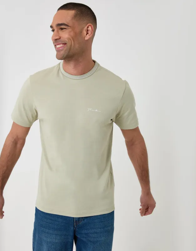 Sage Green Cotton Crew Neck Script T-Shirt made by Threadbare