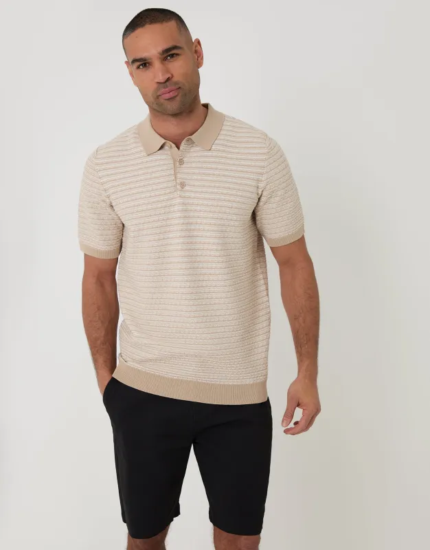 Beige Textured Stripe Knitted Polo made by Threadbare