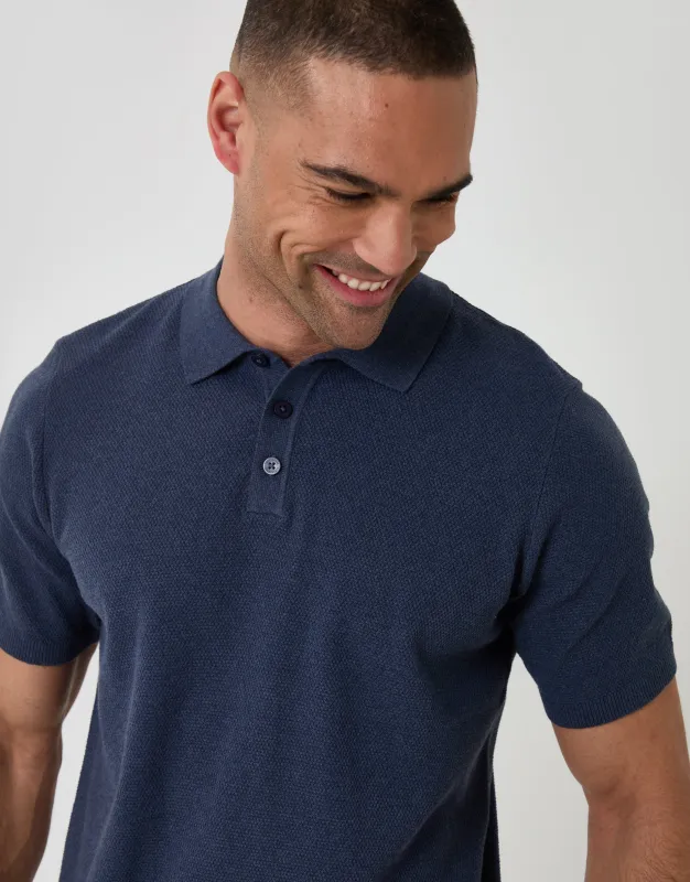 Navy Moss Stitch Knitted Polo made by Threadbare