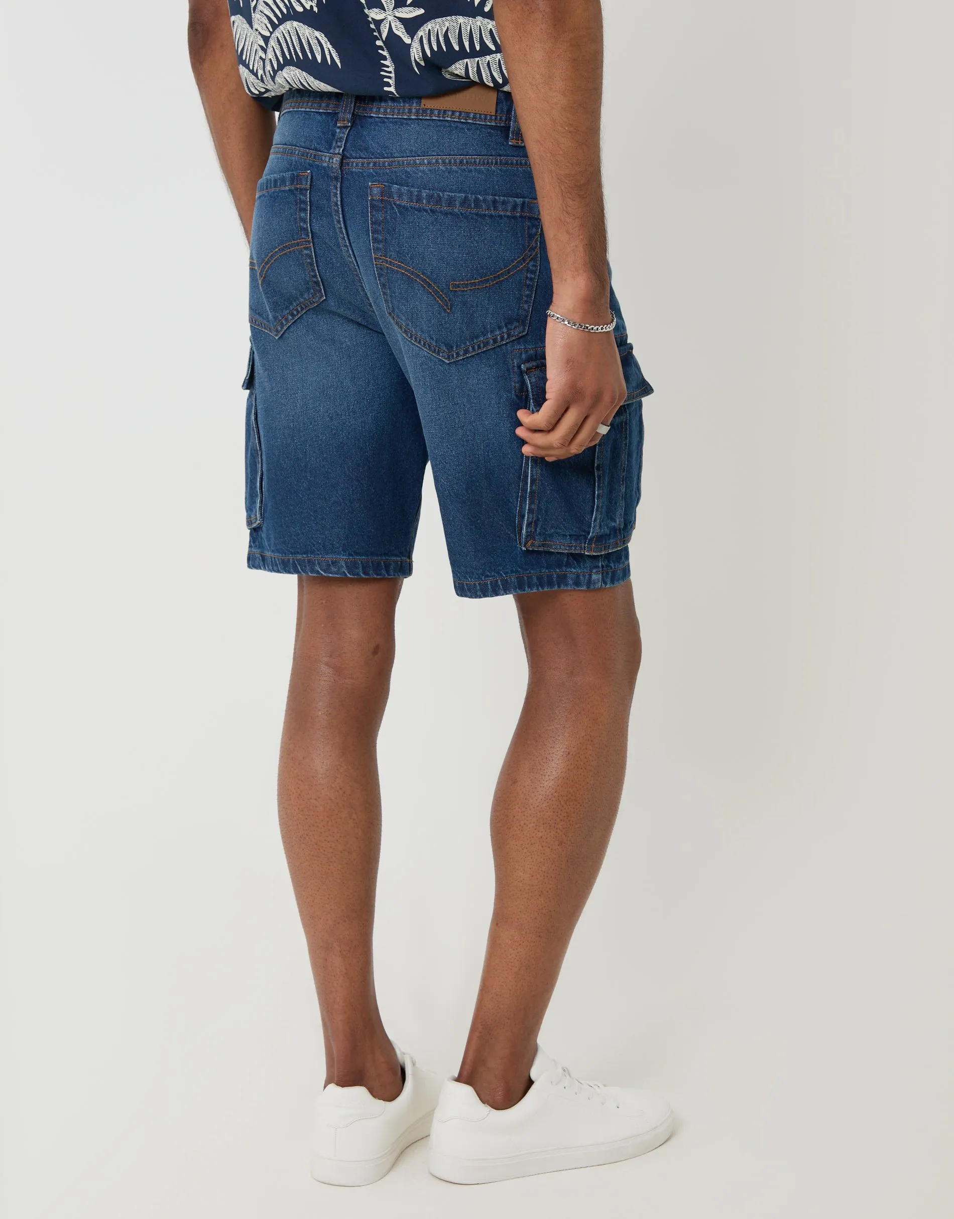 Mid Wash Regular Fit Denim Cargo Shorts sold by Threadbare product image thumbnail 3