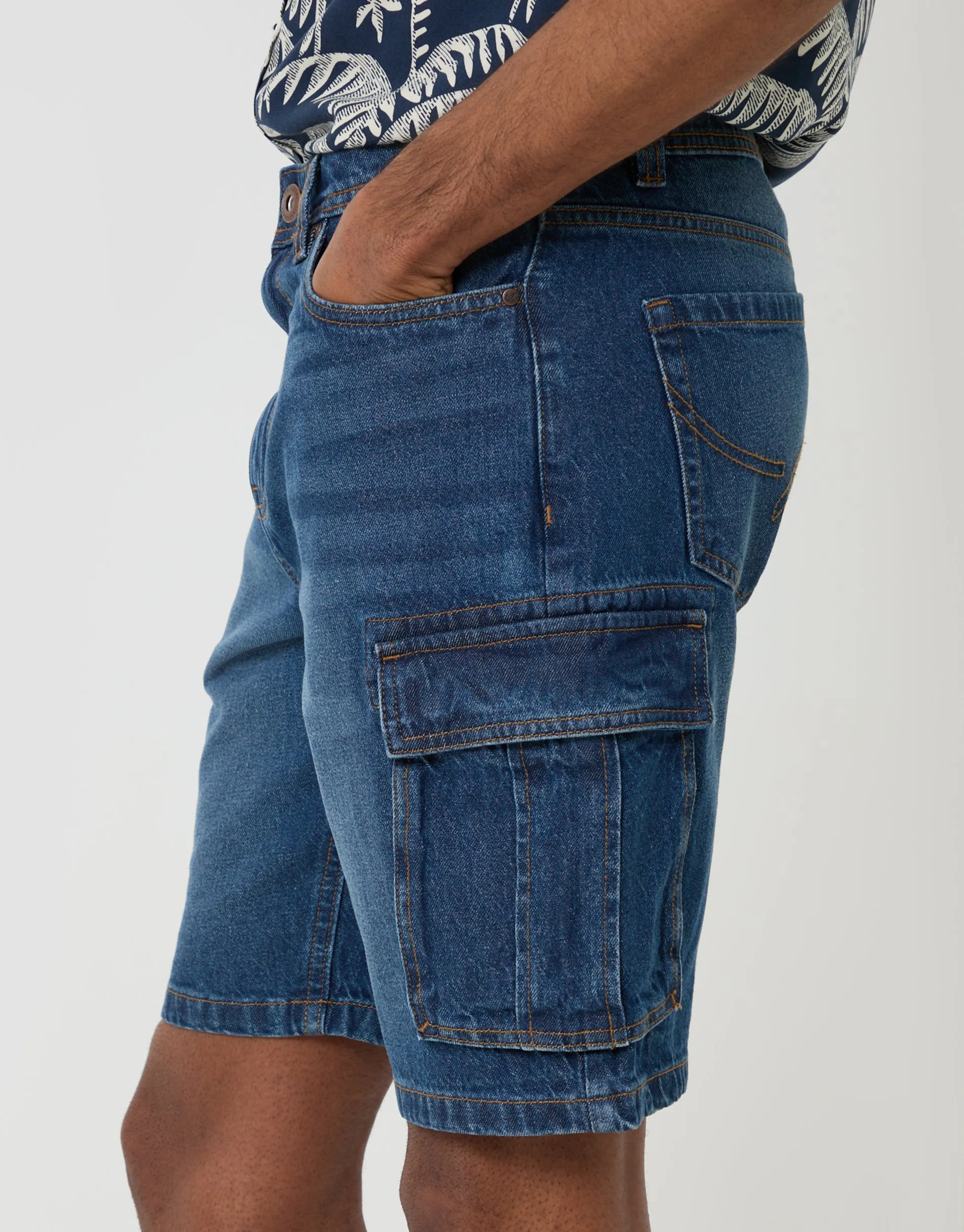 Mid Wash Regular Fit Denim Cargo Shorts sold by Threadbare product image thumbnail 4