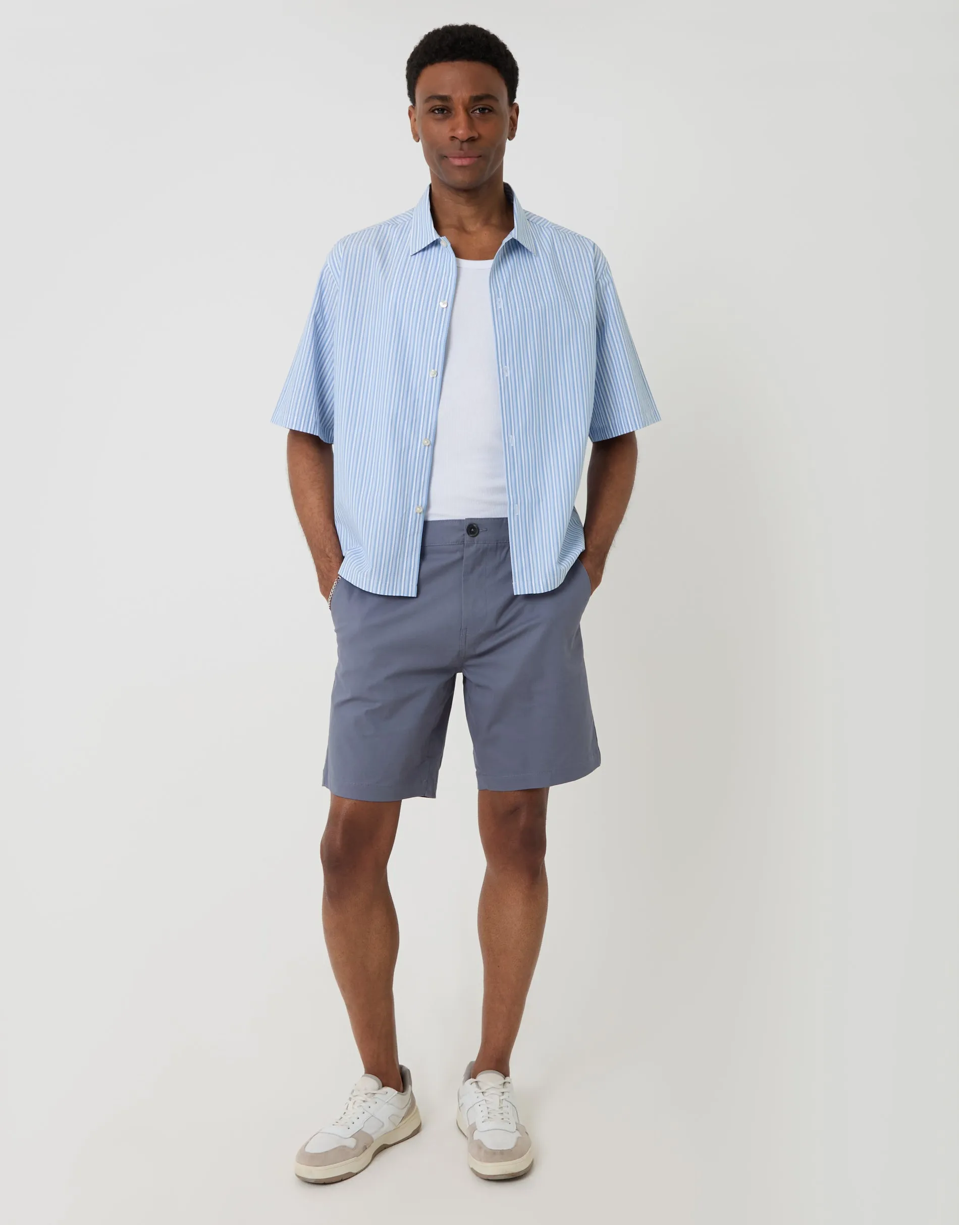 Blue Stripe Boxy Fit Cotton Poplin Short Sleeve Shirt sold by Threadbare product image thumbnail 4