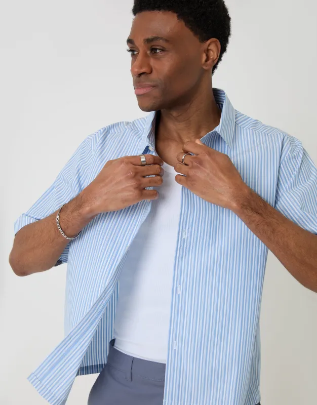 Blue Stripe Boxy Fit Cotton Poplin Short Sleeve Shirt made by Threadbare