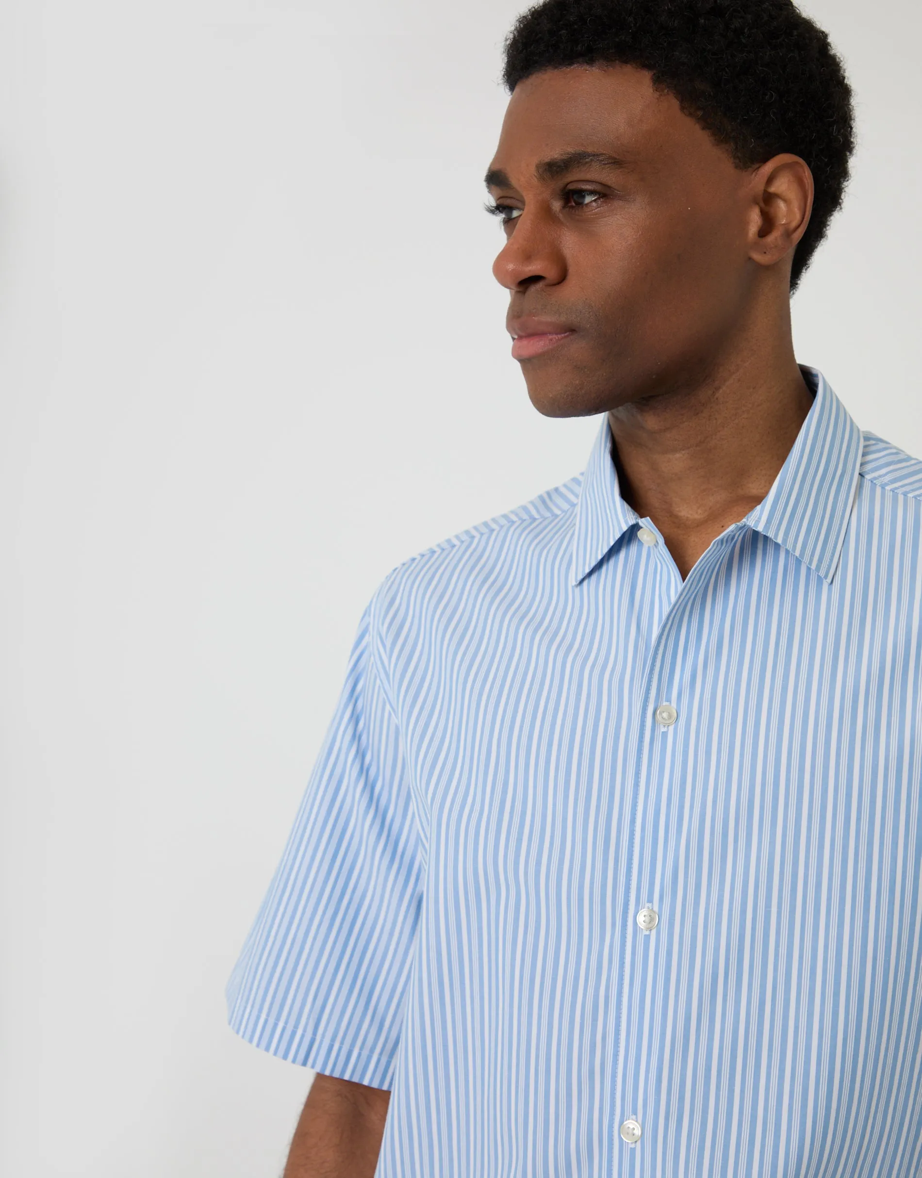 Blue Stripe Boxy Fit Cotton Poplin Short Sleeve Shirt sold by Threadbare product image thumbnail 5