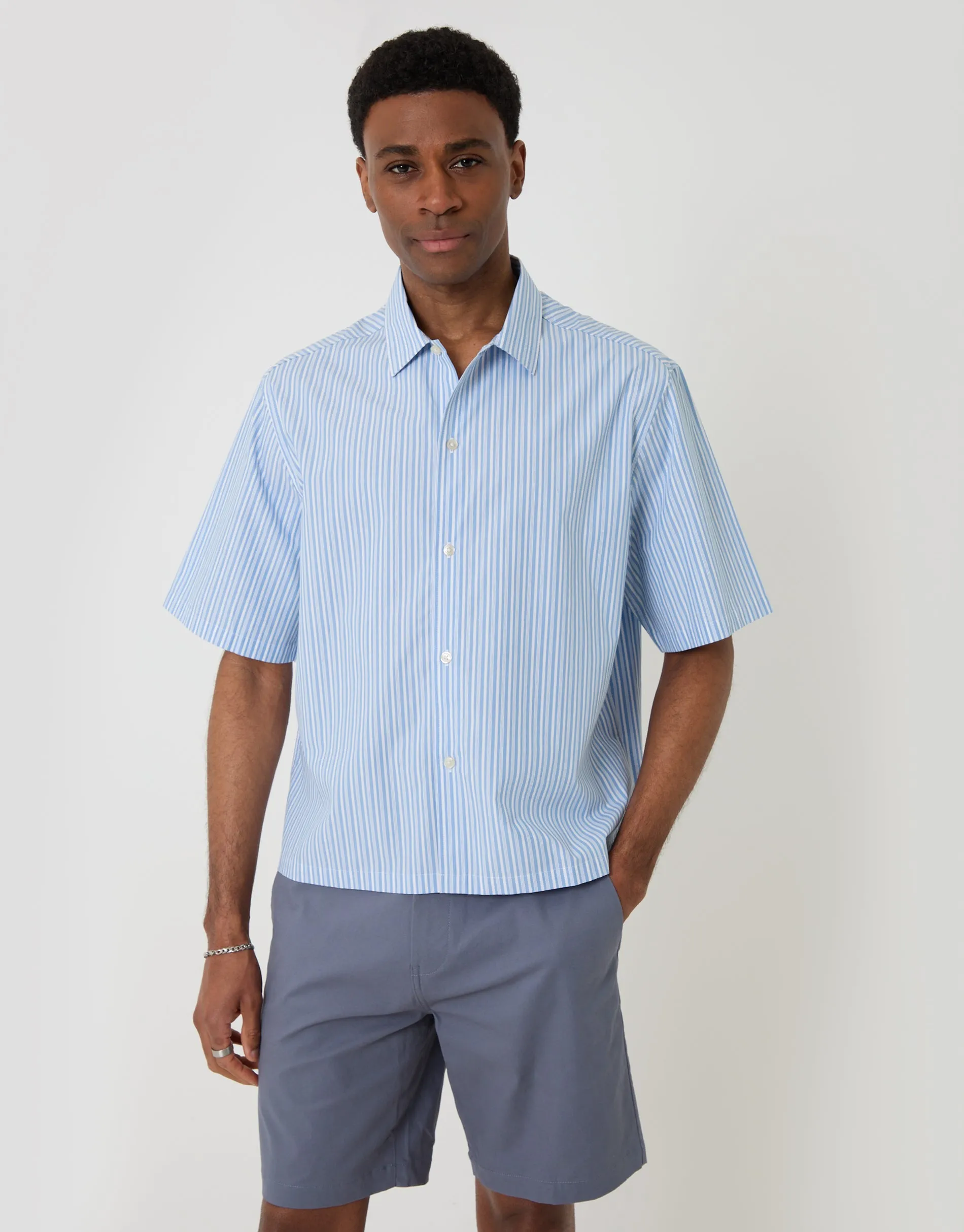 Blue Stripe Boxy Fit Cotton Poplin Short Sleeve Shirt sold by Threadbare product image thumbnail 2