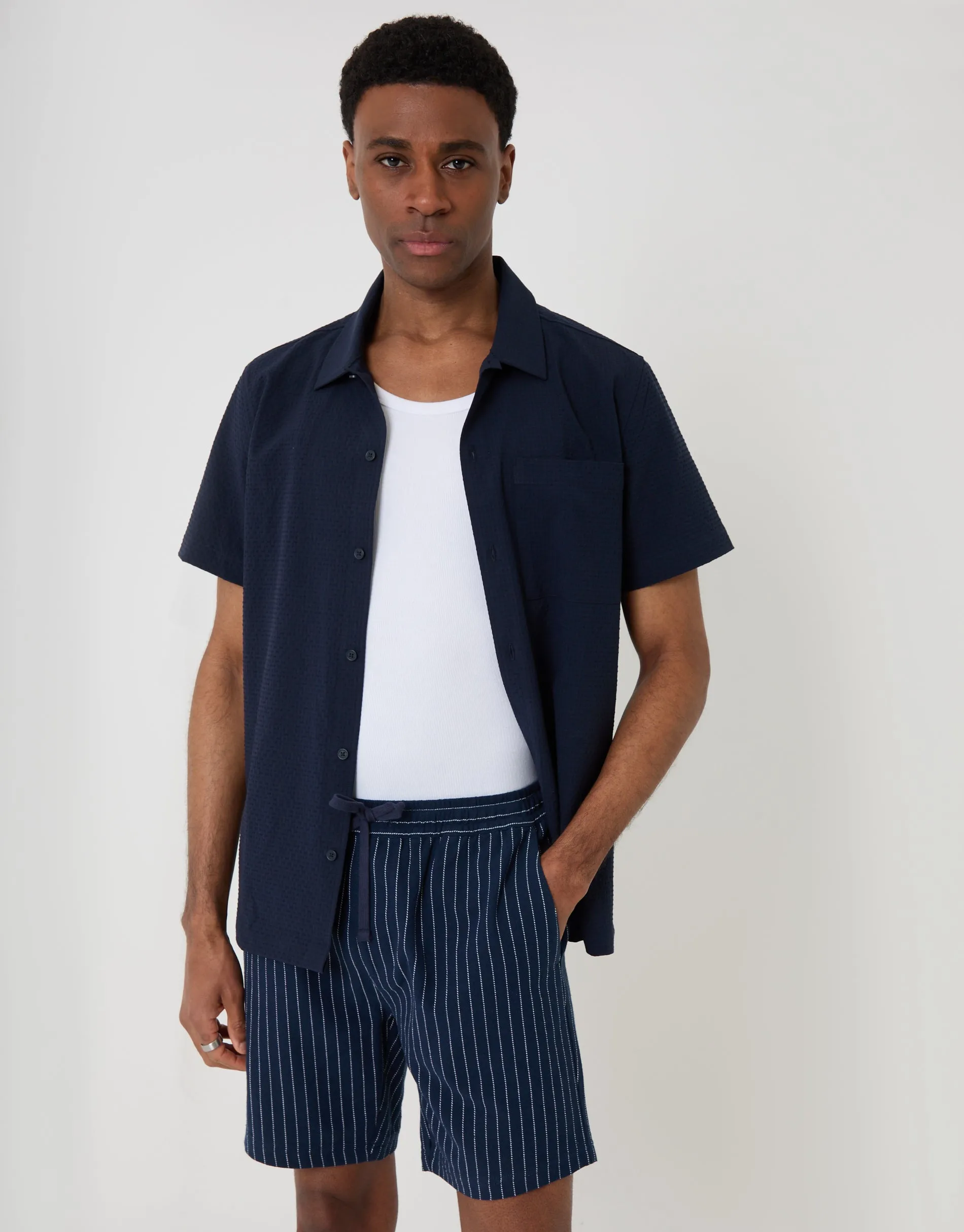Navy Shorter Length Stripe Cotton Shorts sold by Threadbare