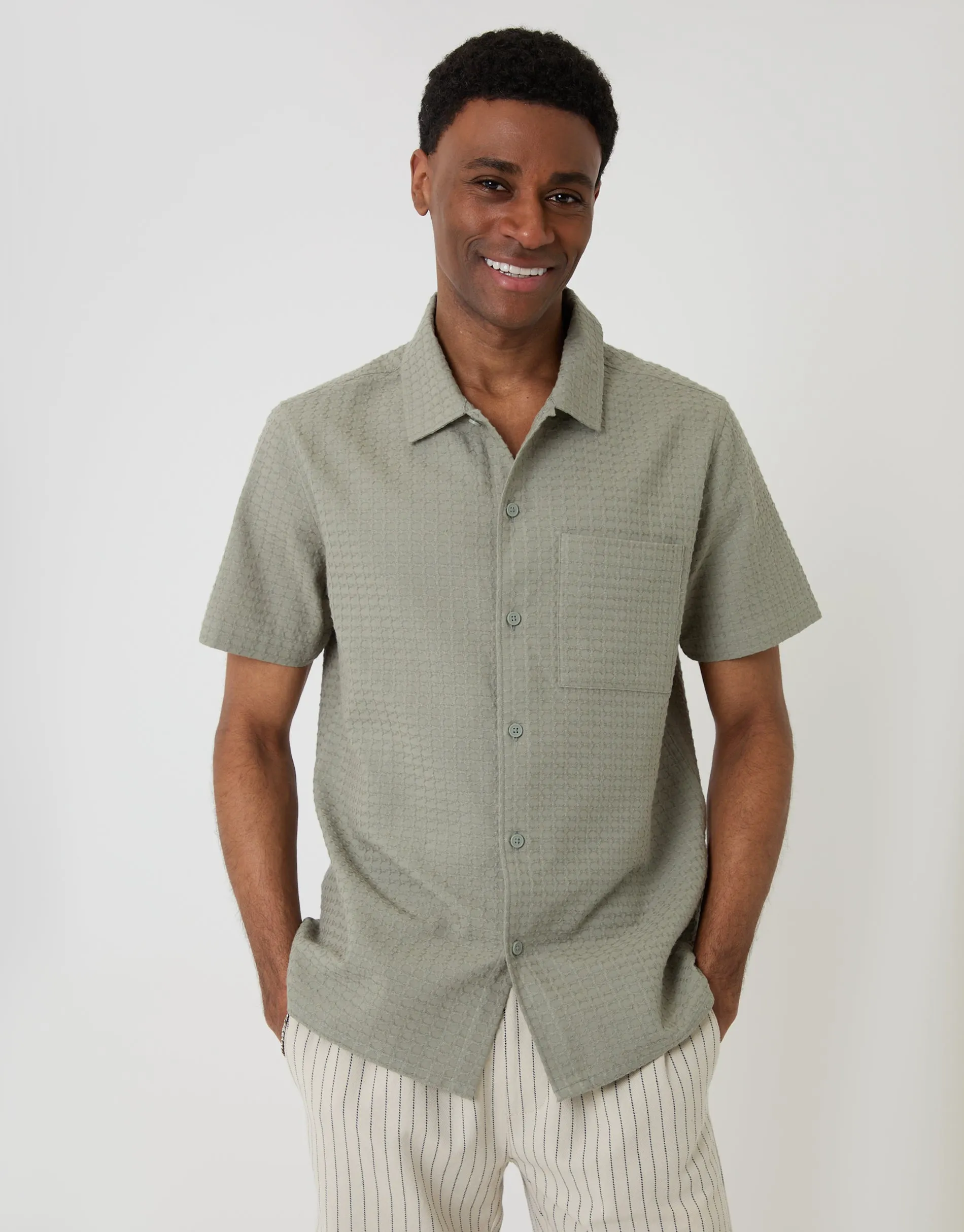 Textured Cotton Short Sleeve Shirt in Sage Green sold by Threadbare