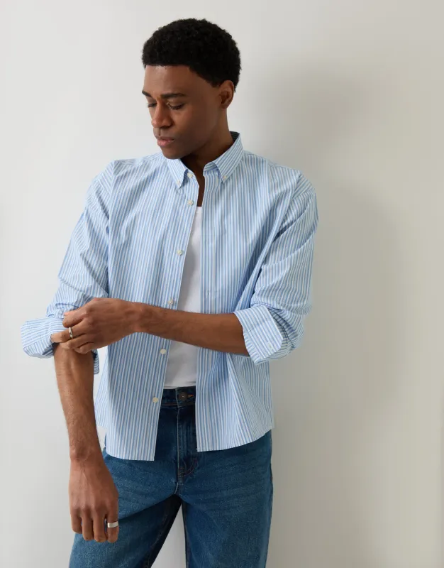 Cropped Fit Cotton Poplin Shirt in Blue Stripe made by Threadbare